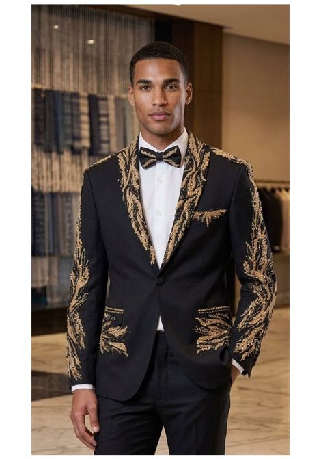 Abito Tre Pezzi Aurum Luxury  Smoking Sartoriale Nero con Preziosi Ricami in Filo d'Oro RAbin | Abiti | ABITO FOGLIENERO/ORO